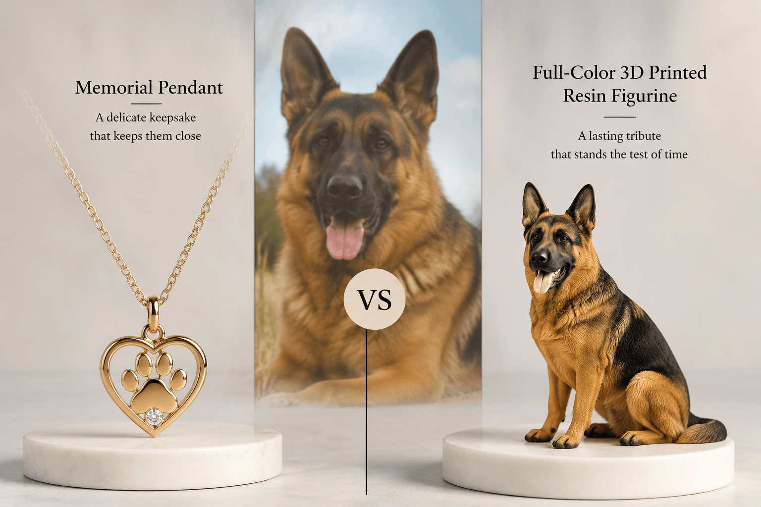 Comparison of a memorial pendant and a durable resin German Shepherd figurine with the real dog's photo behind