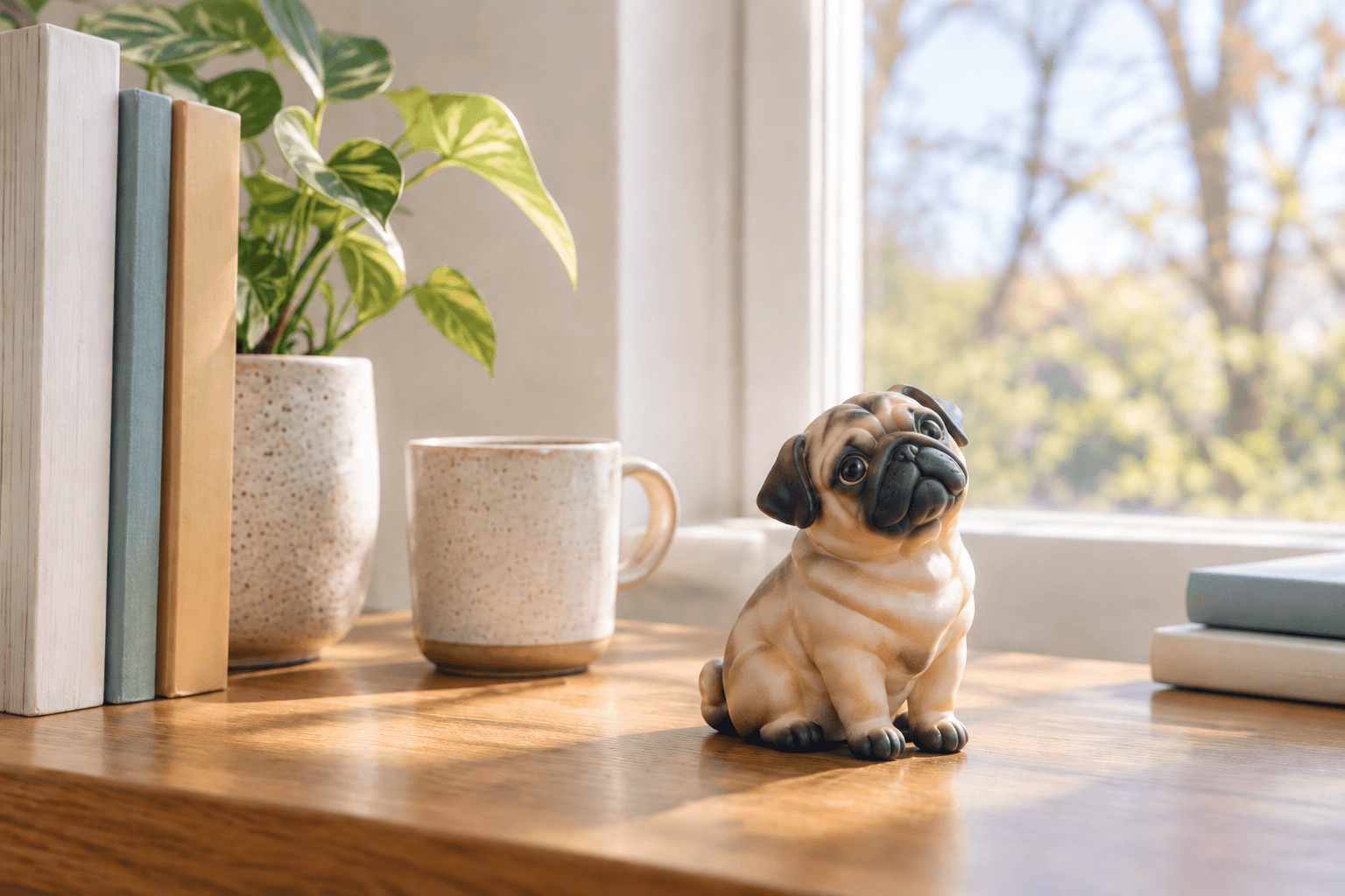 Full-color resin figurine of a Pug sitting with a soulful upward gaze