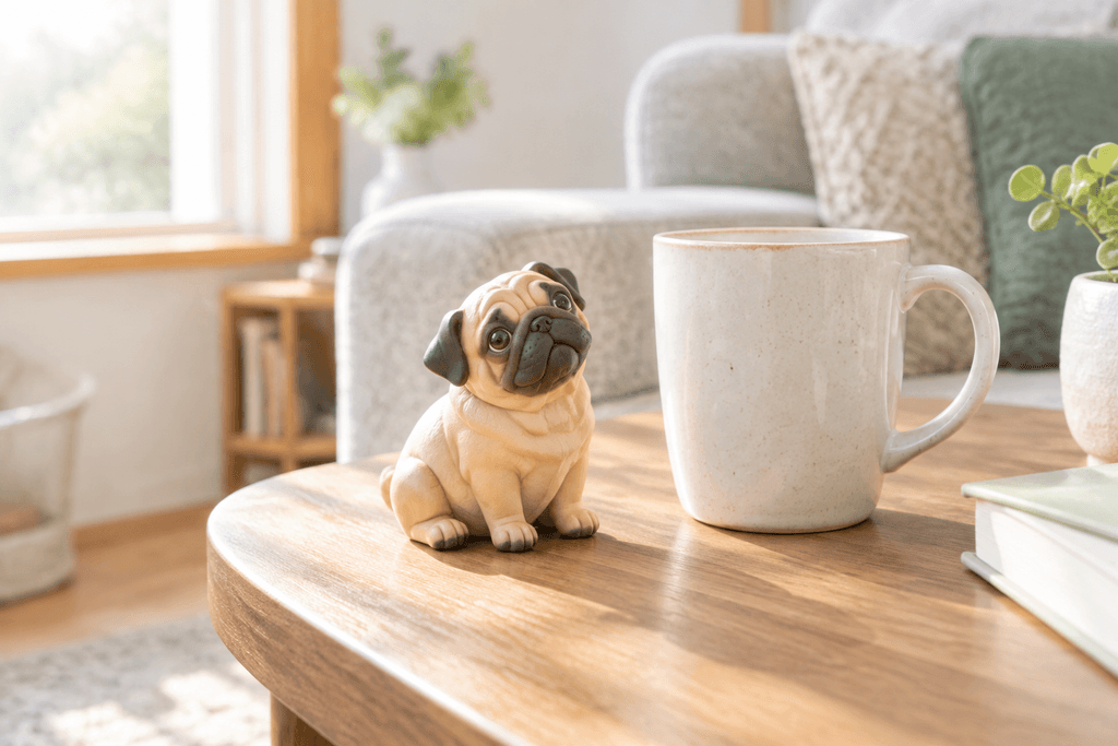 Full-color resin figurine of a Pug sitting with a soulful upward gaze — in-article view