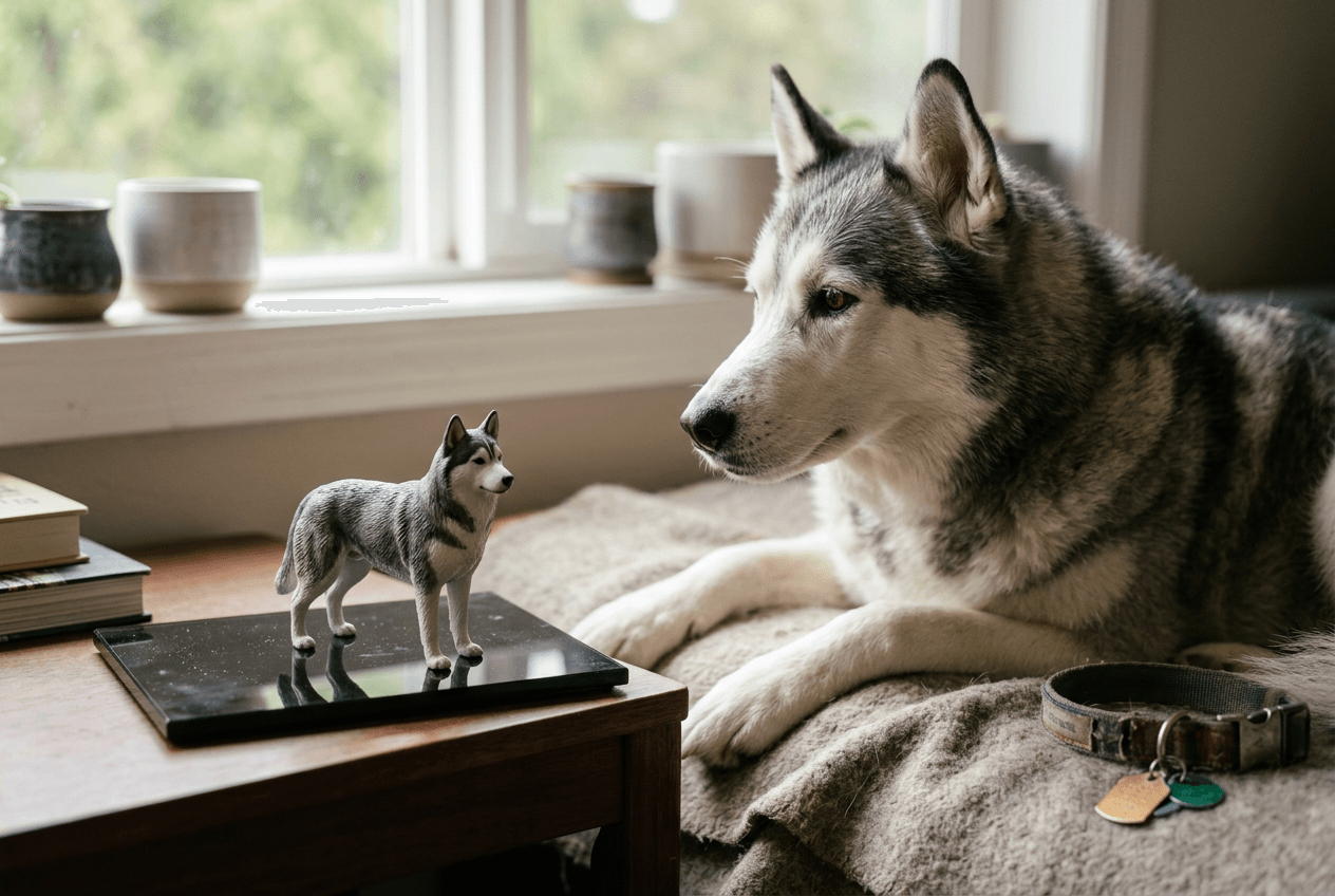 A Husky with a playful expression next to a custom figurine, capturing the spirit of a mischievous pet.