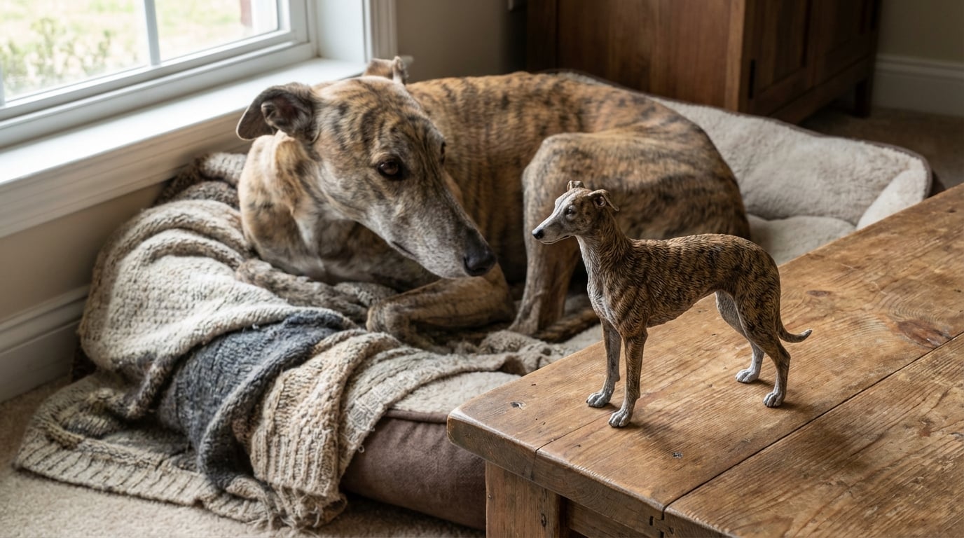 A three-legged Greyhound resting on a blanket with a custom figurine showing its unique stance.