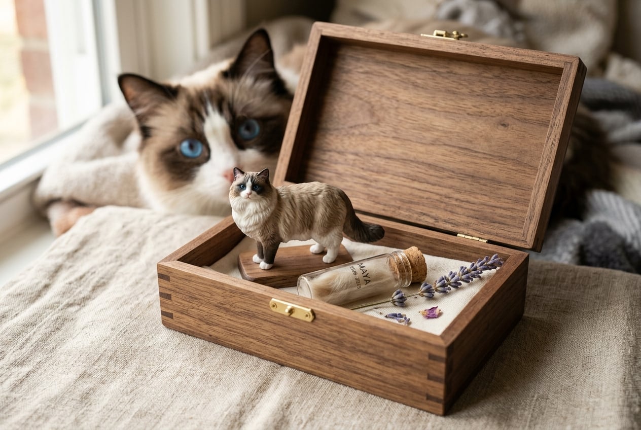 Open wooden memory box with a full-color 3D printed resin Ragdoll Cat figurine, fur vial, and dried lavender