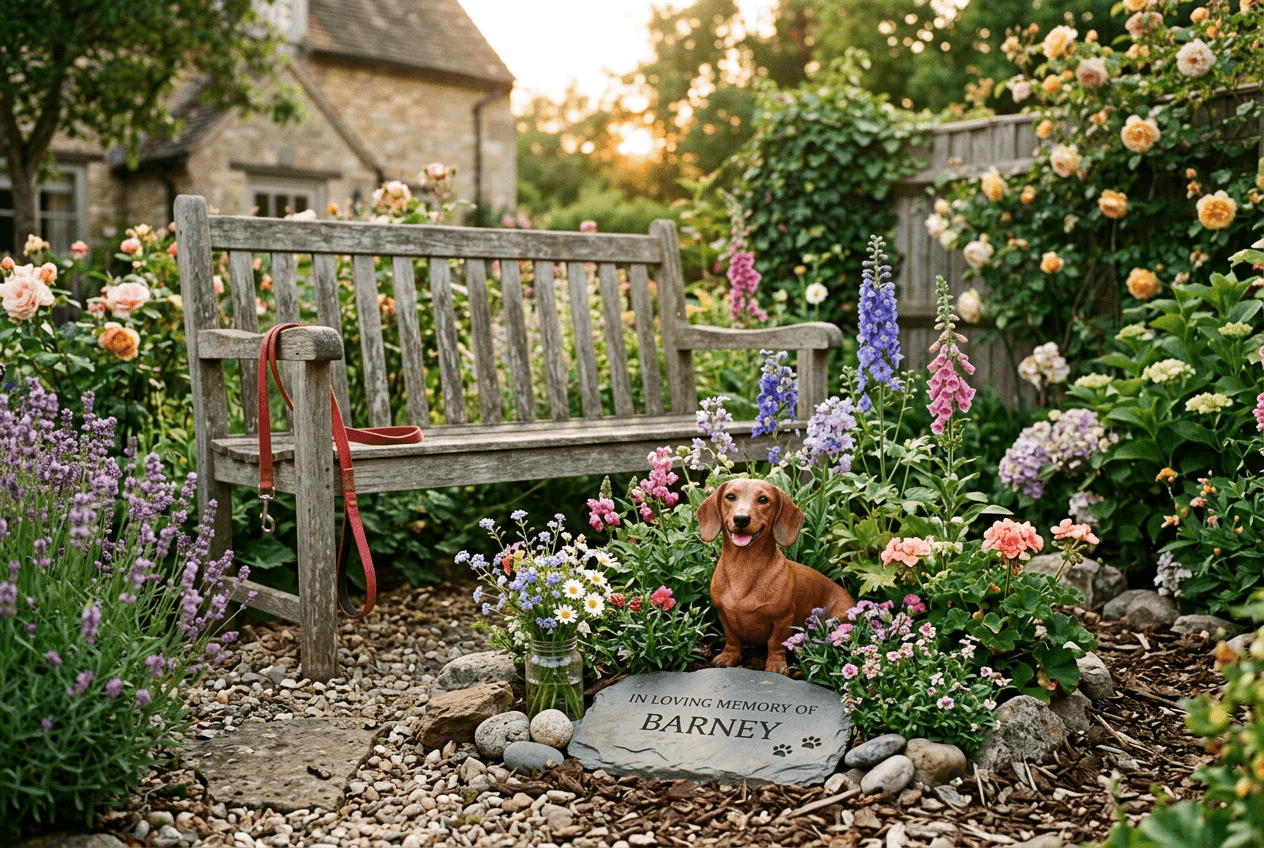 Full-color 3D printed resin Dachshund figurine in a blooming memorial garden with a leash on a bench