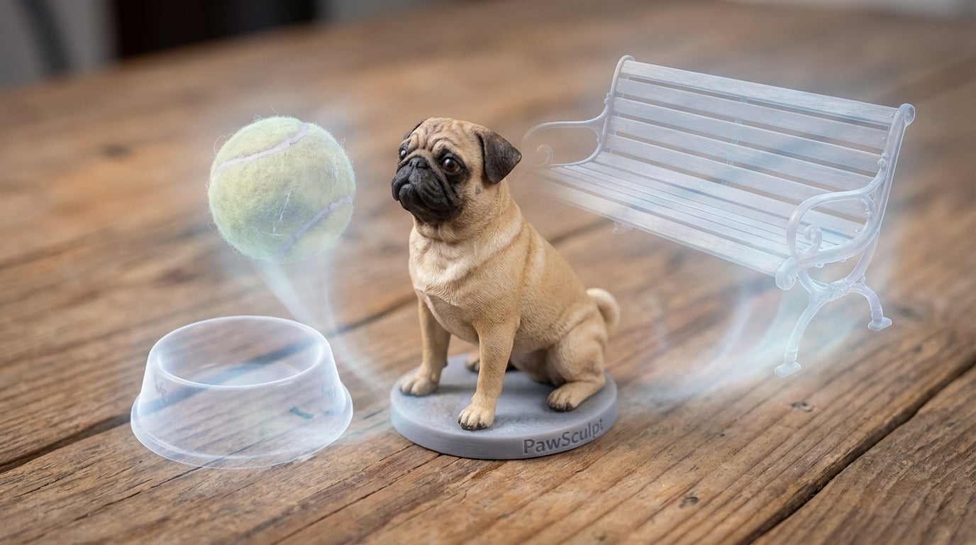 Pug figurine surrounded by memory visualizations