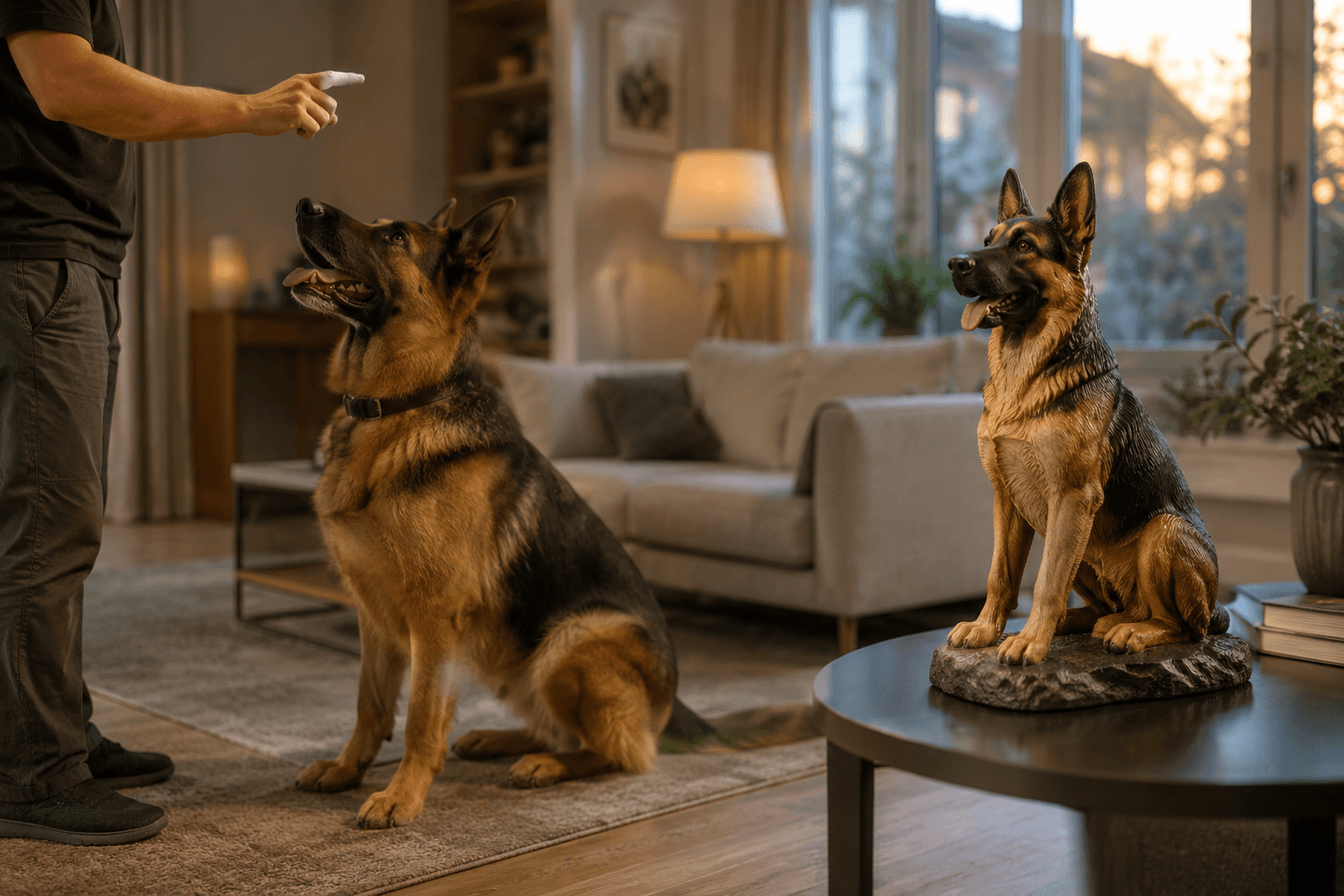 An attentive German Shepherd during a living-room training session beside its full-color resin figurine