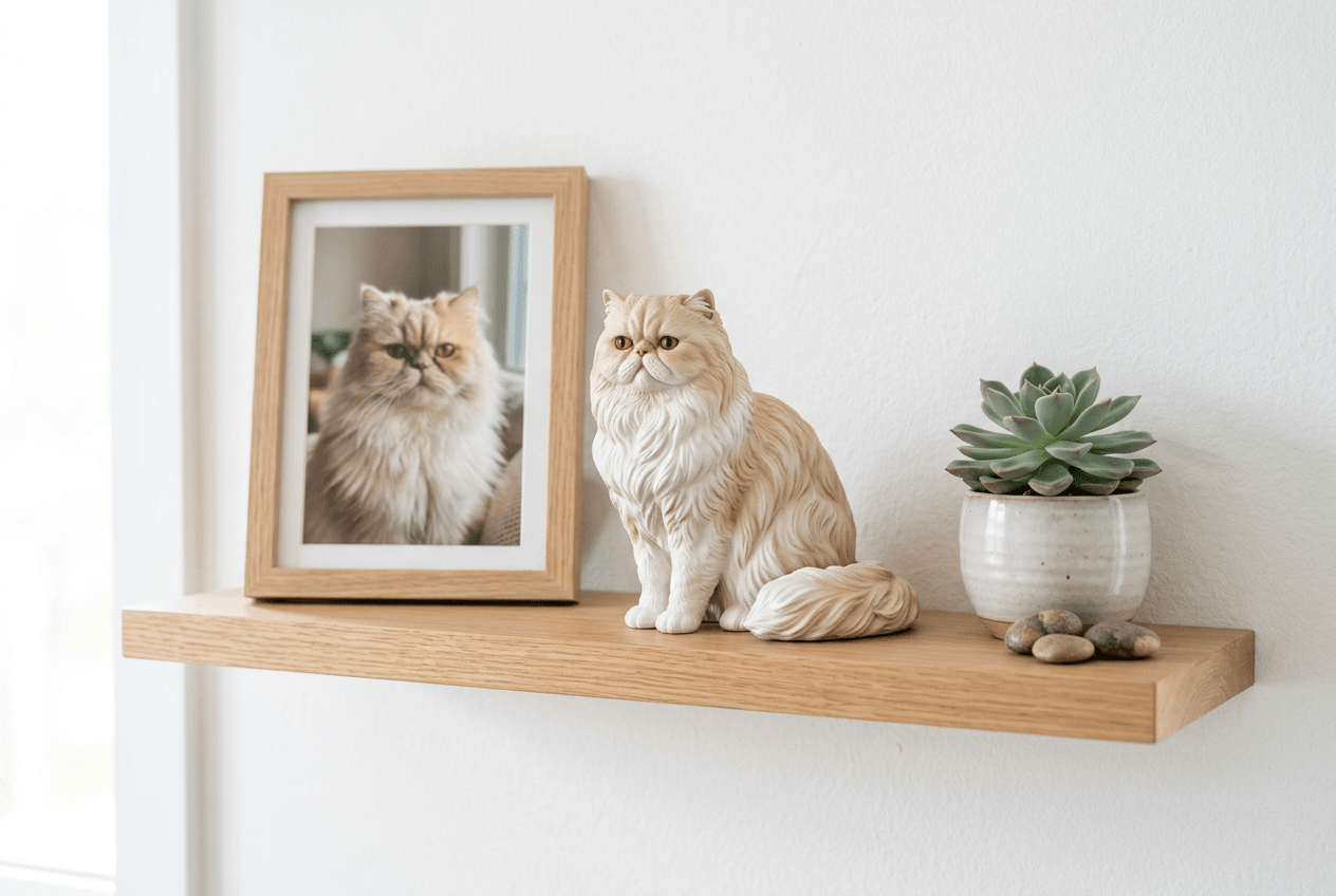 Persian cat 3D figurine on minimalist shelf with framed photo and succulent in curated display