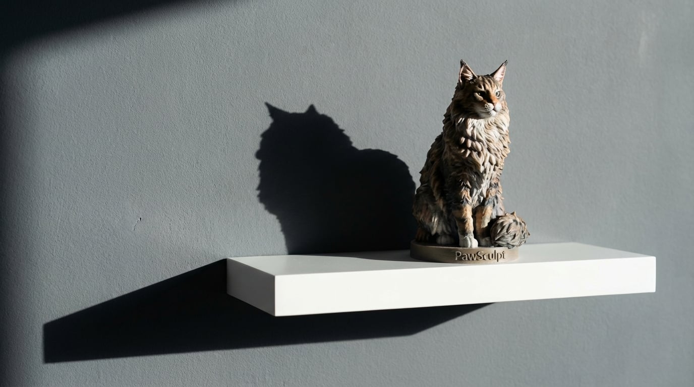 Maine Coon figurine on a minimalist floating shelf