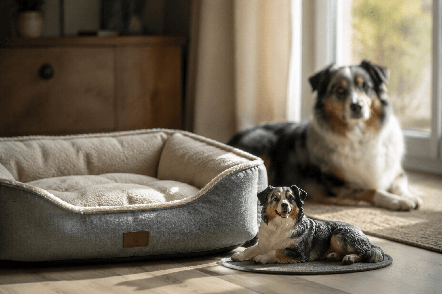 An empty dog bed in morning light with a resin Australian Shepherd figurine resting nearby, a quiet scene