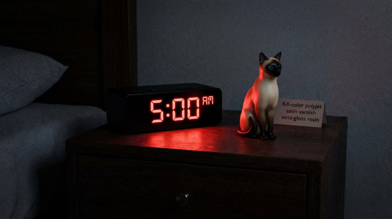 A Siamese cat figurine next to a digital alarm clock at 5 AM.