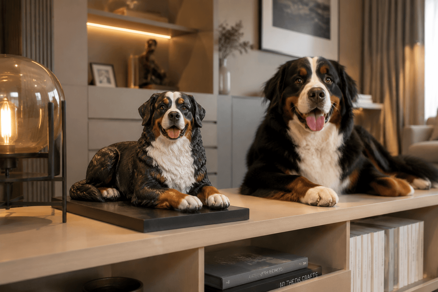 A tri-color Bernese Mountain Dog lying near its bold full-color resin figurine on a styled modern shelf