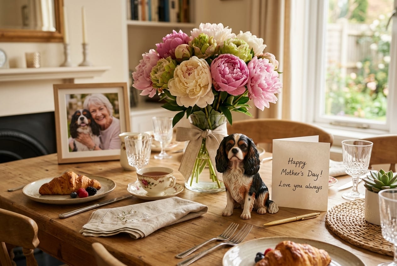Full-color 3D printed resin figurine of a Cavalier King Charles Spaniel beside peonies and a card on a Mother's Day brunch table