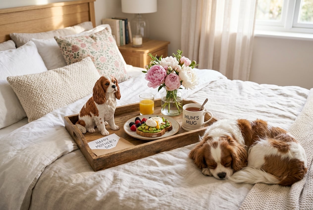 Mothers Day tray with full-color 3D printed resin Cavalier King Charles Spaniel figurine, peonies, and a real Cavalier on the bed