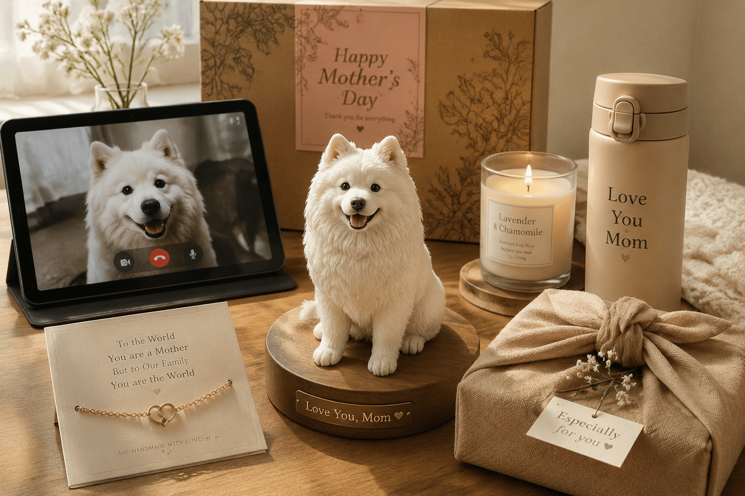 Five Mother's Day gifts and a Samoyed resin figurine beside a tablet showing the real Samoyed on a video call