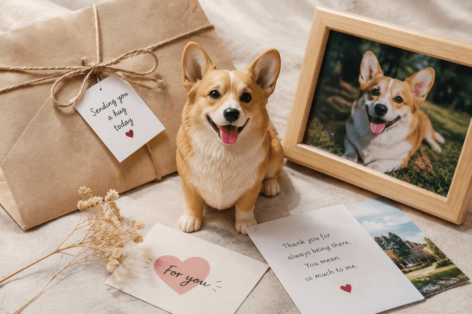 A flat-lay of keepsakes with a resin Corgi figurine and a care-package envelope for a deployed mom