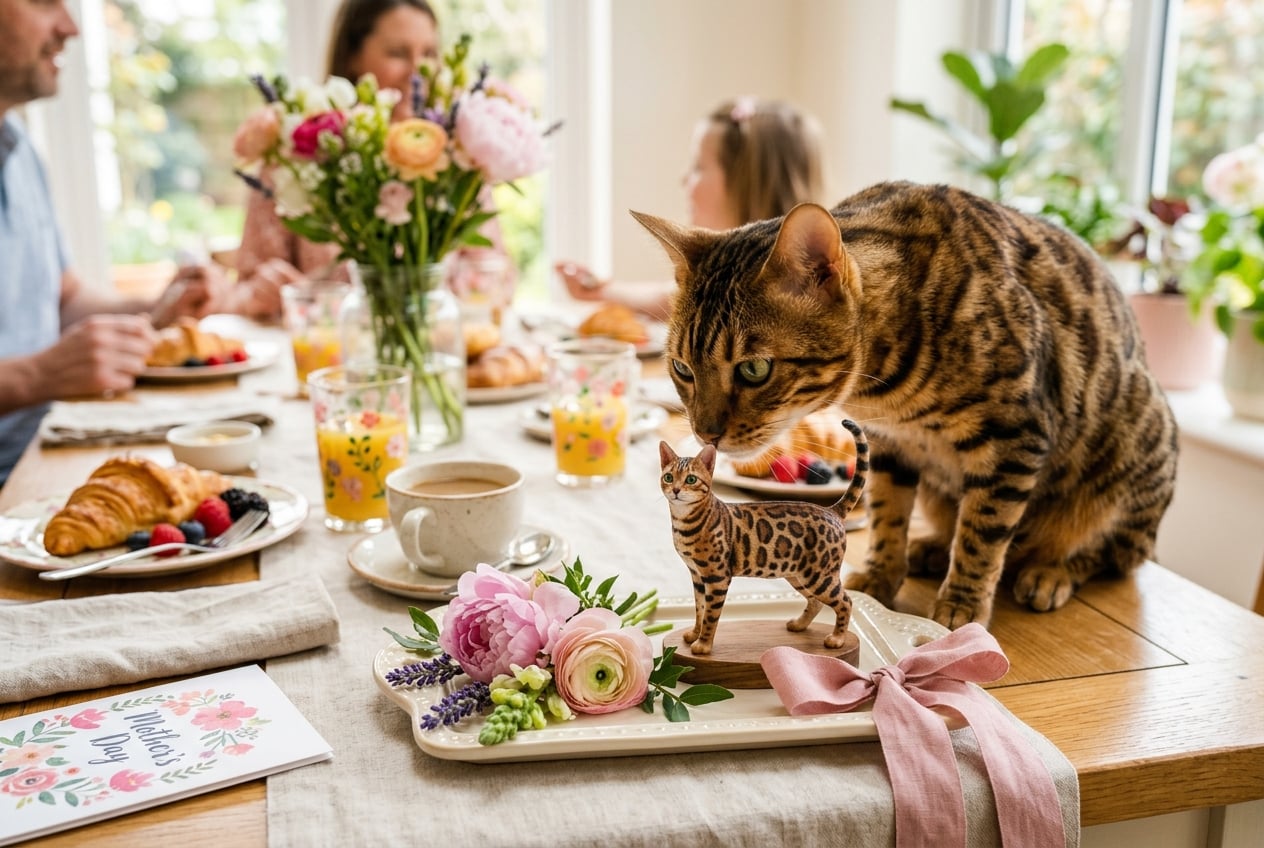 Full-color 3D printed resin Bengal cat figurine on a Mother's Day brunch table with flowers while a real Bengal cat investigates