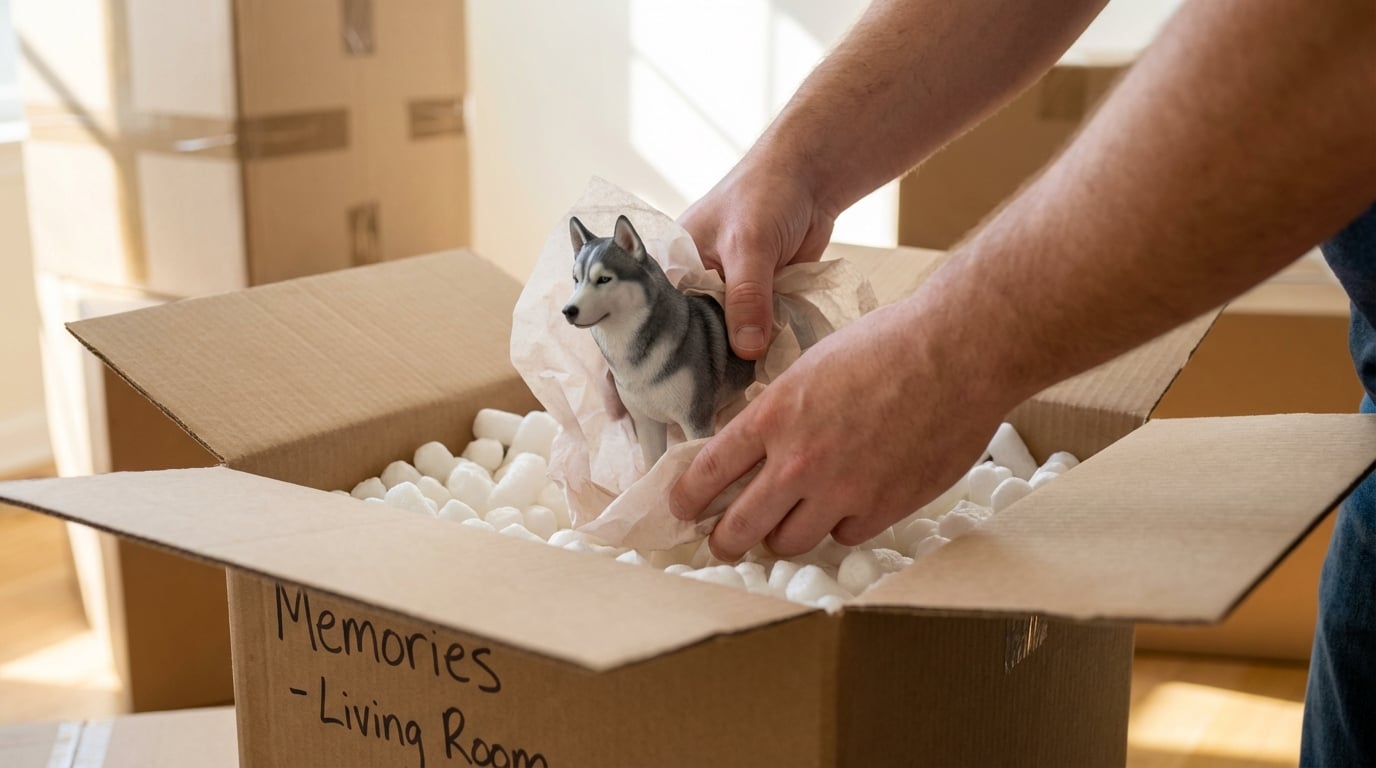 Packing a Husky figurine into a moving box