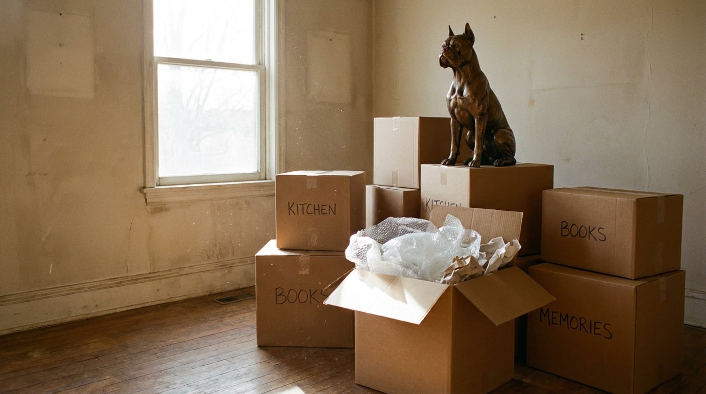 A Boxer figurine sitting on top of moving boxes in an empty room.