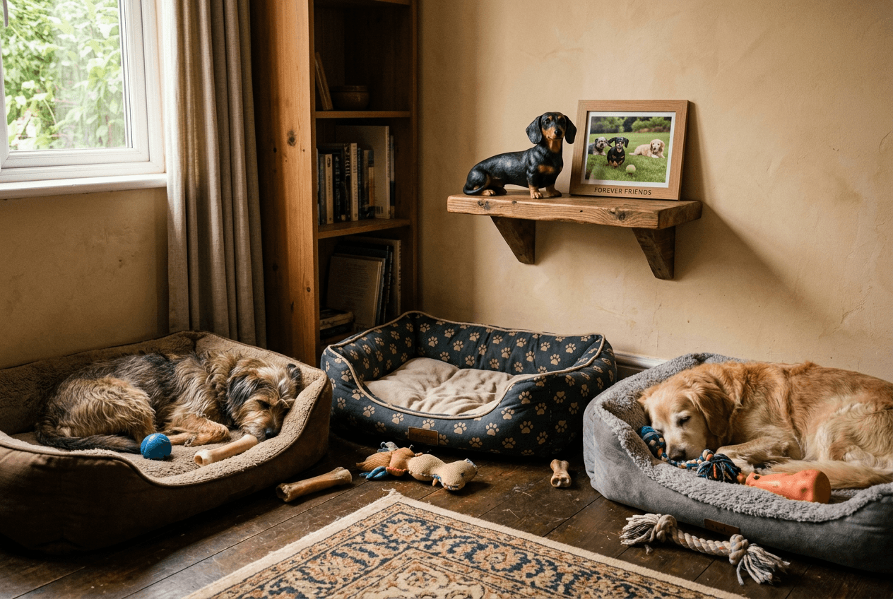 Dachshund 3D figurine above empty dog bed with other dogs' toys and photo of dogs playing together