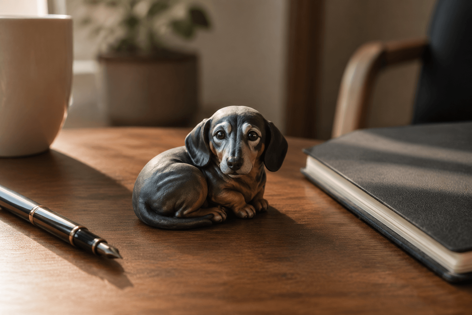Senior Dachshund figurine lying curled and calm