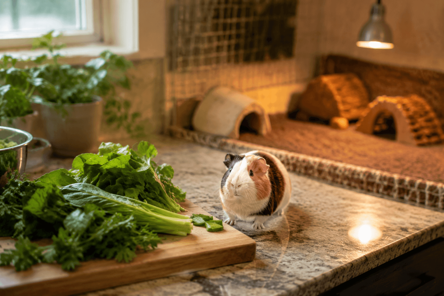 Fresh greens on a cutting board beside a guinea pig's full-color resin figurine with an empty enclosure behind