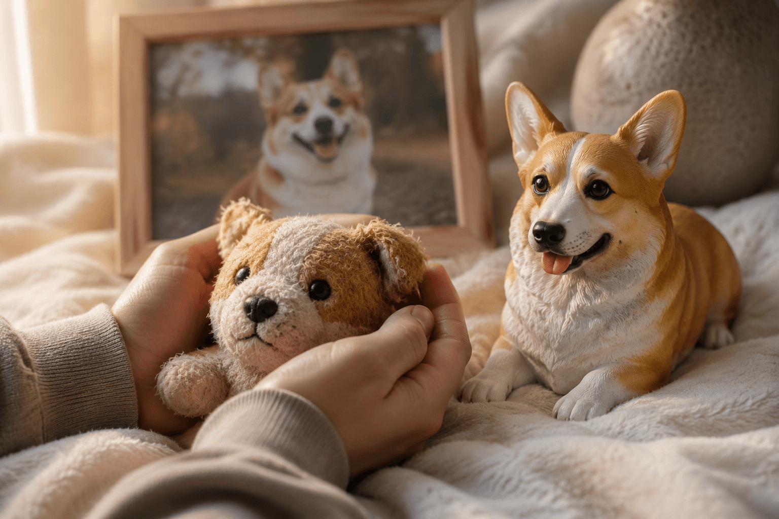 Hands holding a Corgi's plush toy beside a Corgi resin figurine and a softly blurred photo of the real dog
