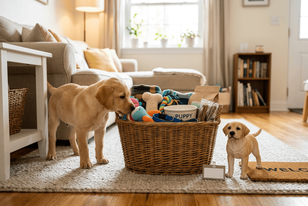 Full-color 3D printed resin Labrador puppy figurine beside welcome supplies with a real Labrador puppy