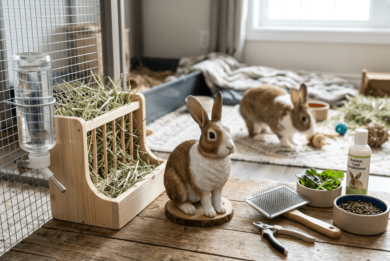 Rabbit 3D figurine with essential care items and photo of real rabbit exploring in background