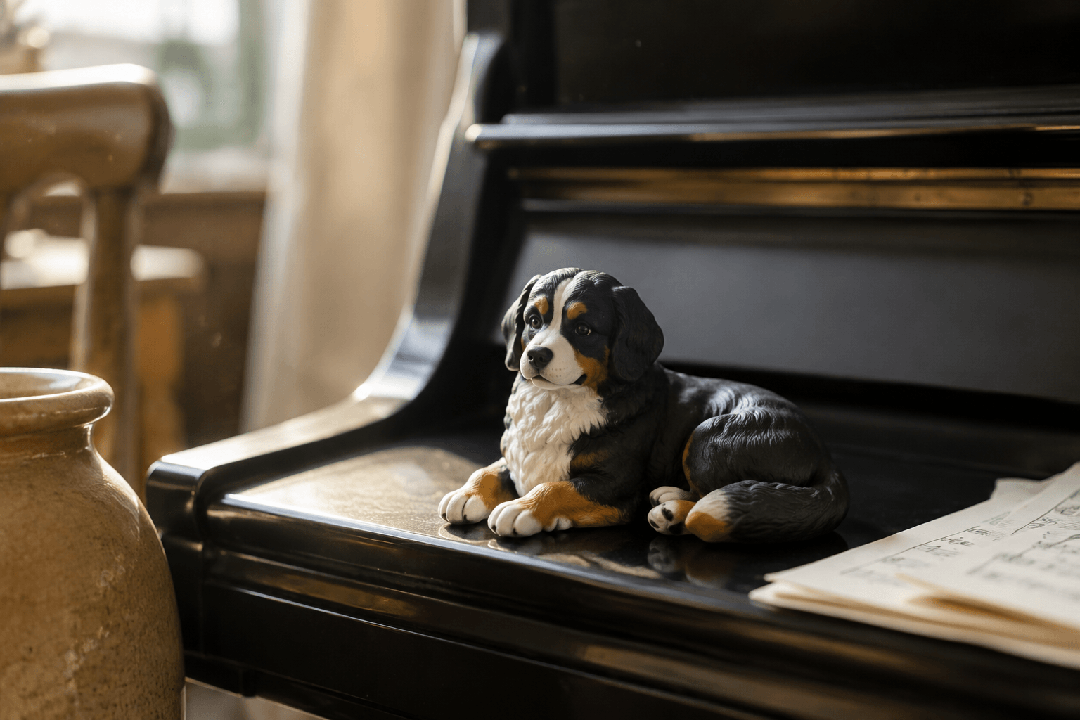 Bernese Mountain Dog figurine lying calmly with tri-color coat