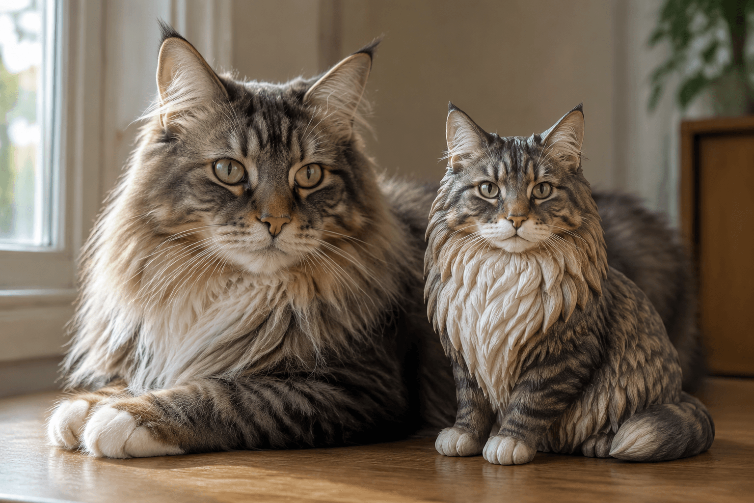 Norwegian Forest Cat and its full-color 3D printed resin figurine side by side, showing detailed coat color accuracy
