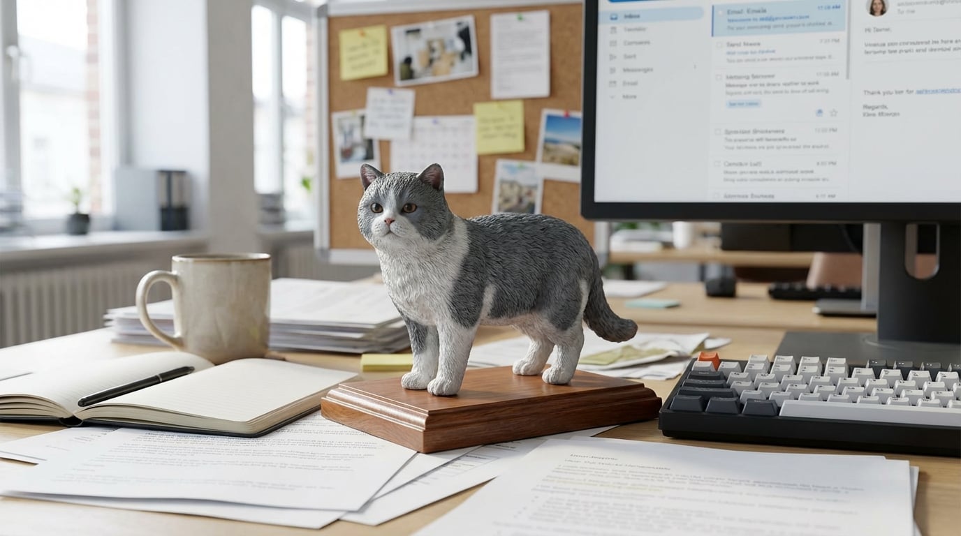 British Shorthair custom figurine displayed on an office desk surrounded by work documents.
