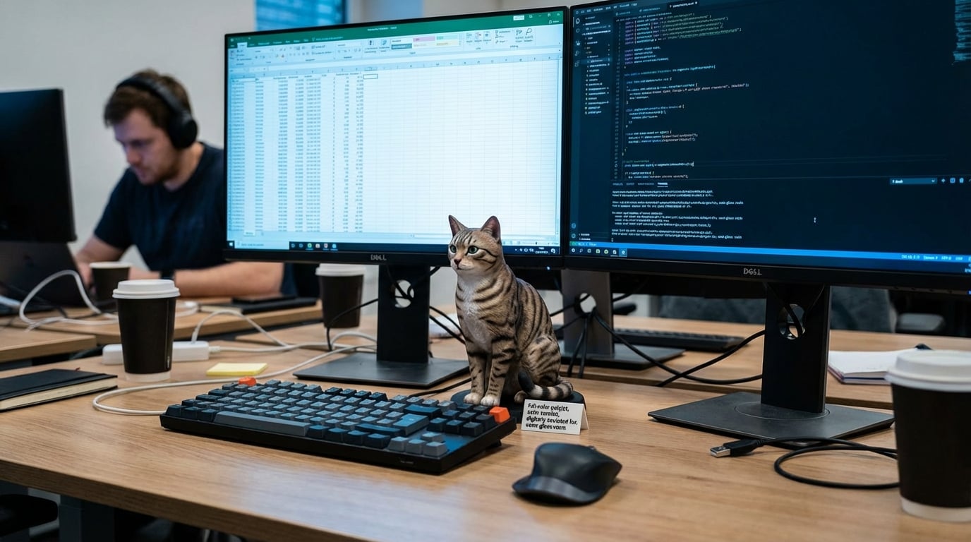 A tabby cat figurine sitting on an office desk between keyboard and mouse.