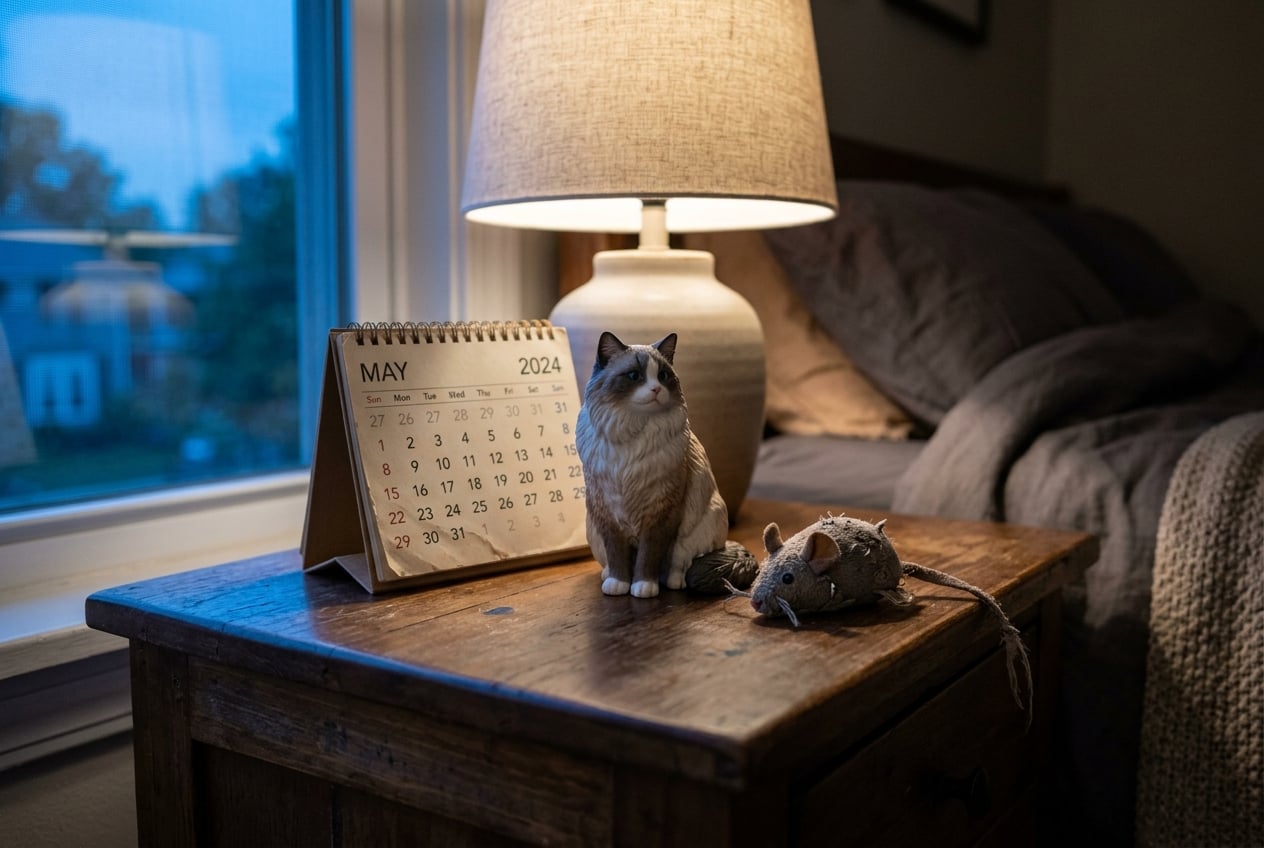 Full-color 3D printed resin figurine of a Ragdoll Cat on a nightstand beside a calendar and toy mouse