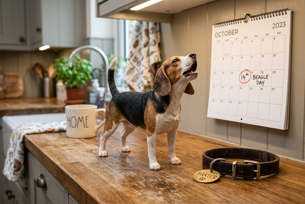 Full-color 3D printed resin figurine of a howling Beagle on a kitchen counter next to a calendar and a real dog collar