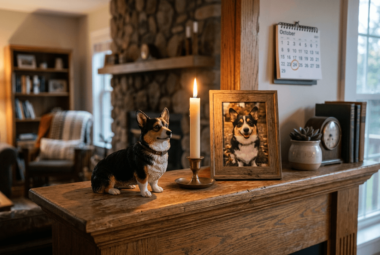 Full-color 3D printed resin Corgi figurine on a mantelpiece beside a lit candle and framed Corgi photo