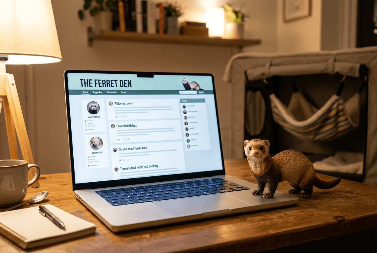 Full-color 3D printed resin Ferret figurine beside a laptop showing an online support community