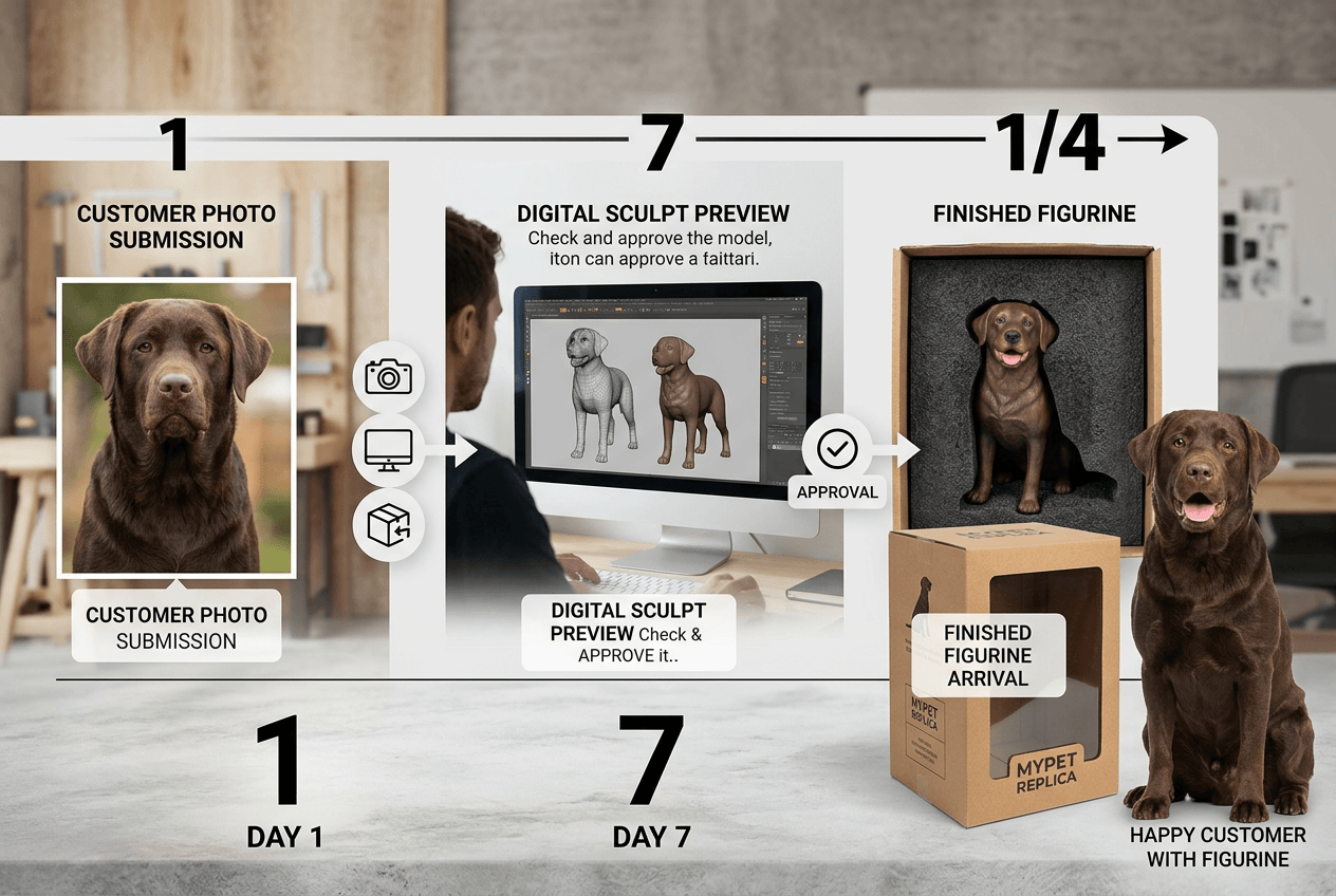 Timeline showing 14-day process from Labrador photo submission to finished 3D printed figurine arrival