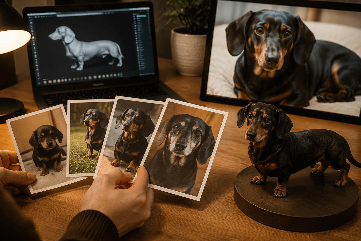 Hands holding old photos of a Dachshund next to a completed full-color 3D printed resin figurine with digital sculpt on laptop screen