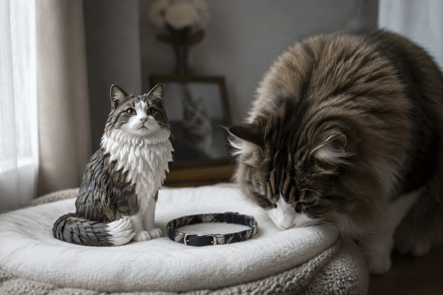 An empty collar beside a Norwegian Forest Cat resin figurine as a surviving pet noses nearby in soft light