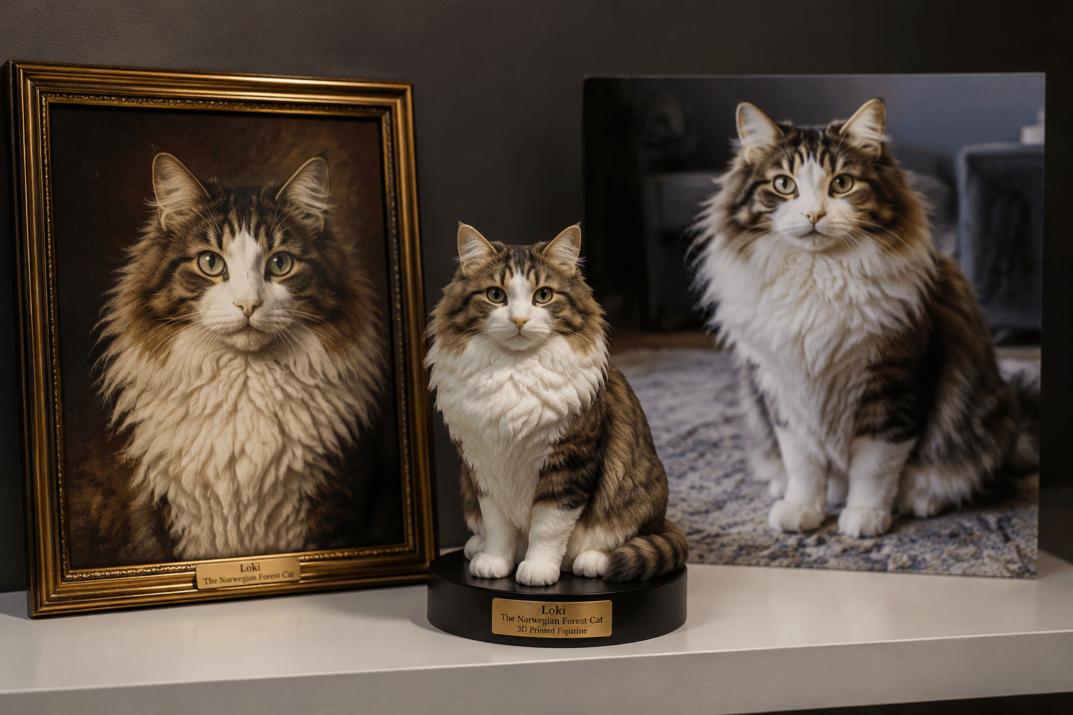 A framed painted portrait beside a dimensional resin Norwegian Forest Cat figurine on a softly lit gallery shelf