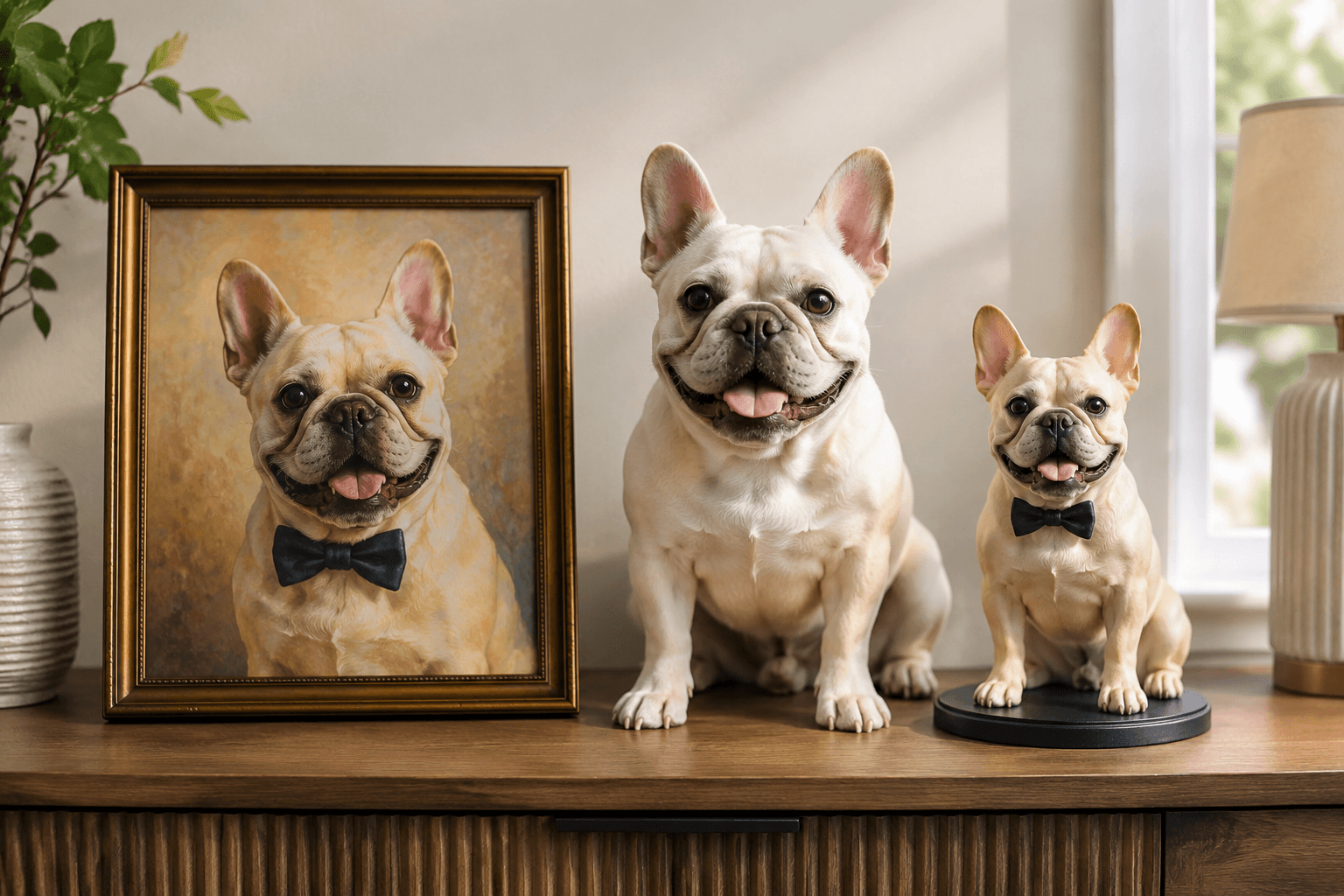 A painted French Bulldog portrait beside a French Bulldog resin figurine with the real dog sitting between them