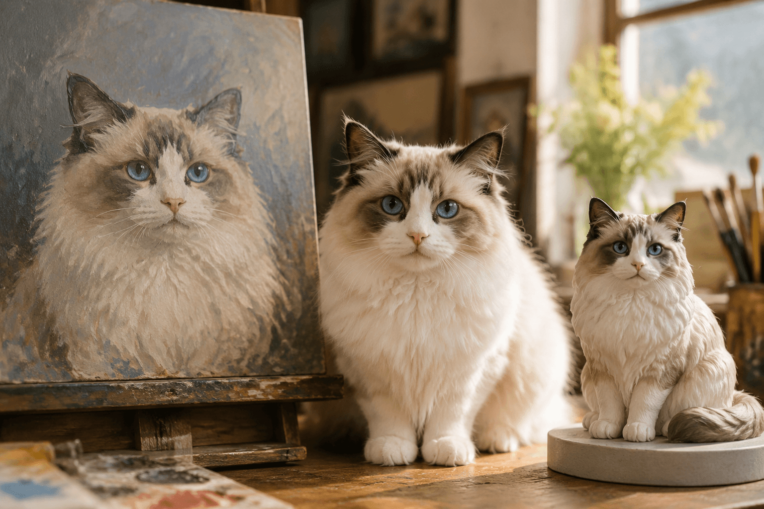 A real Ragdoll cat beside its full-color resin figurine and a faded canvas portrait on an artist's desk