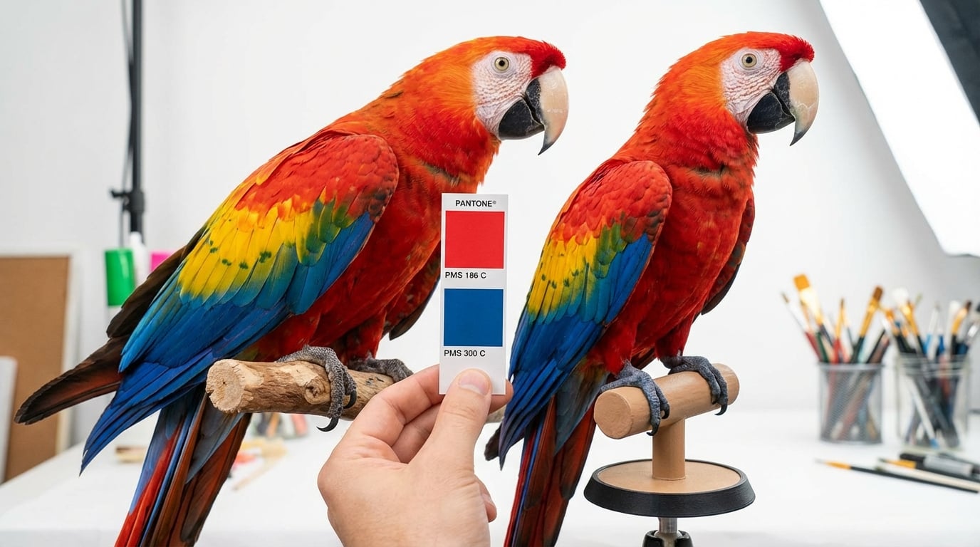 Macaw parrot next to figurine with color matching swatches
