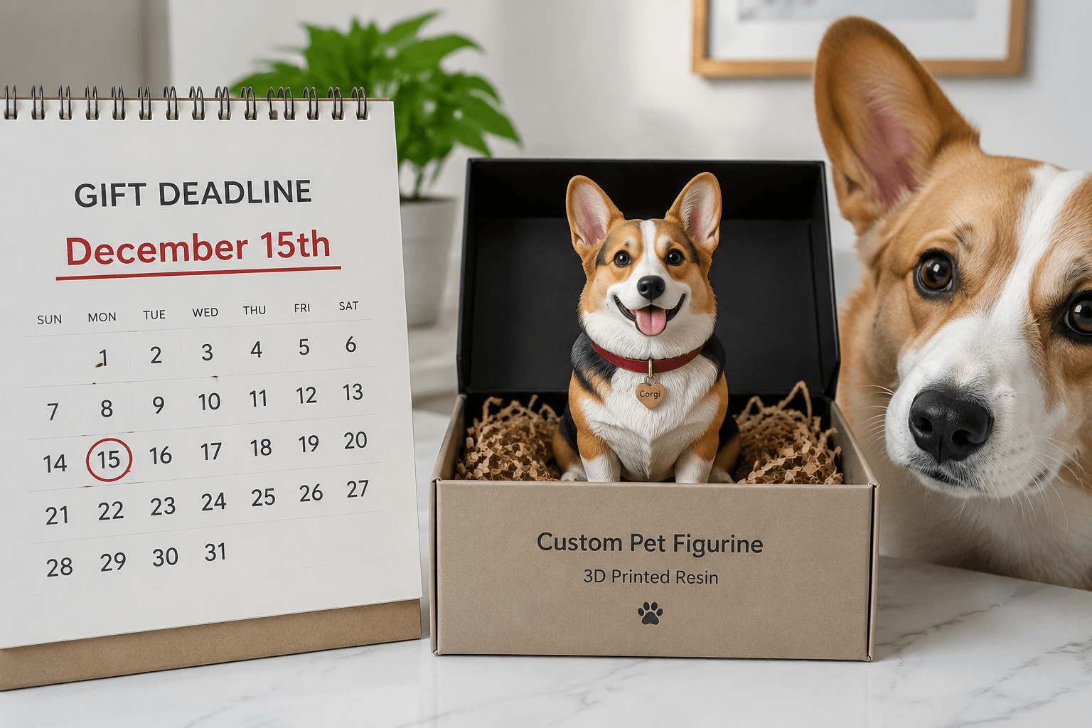 Custom Corgi full-color resin figurine in a gift box beside a calendar, illustrating production timeline planning