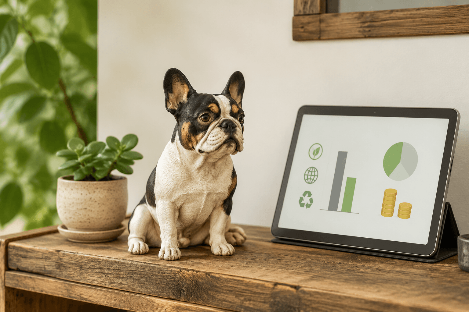 Full-color 3D printed resin French Bulldog figurine on a reclaimed wood shelf with a succulent and sustainability data on a nearby tablet