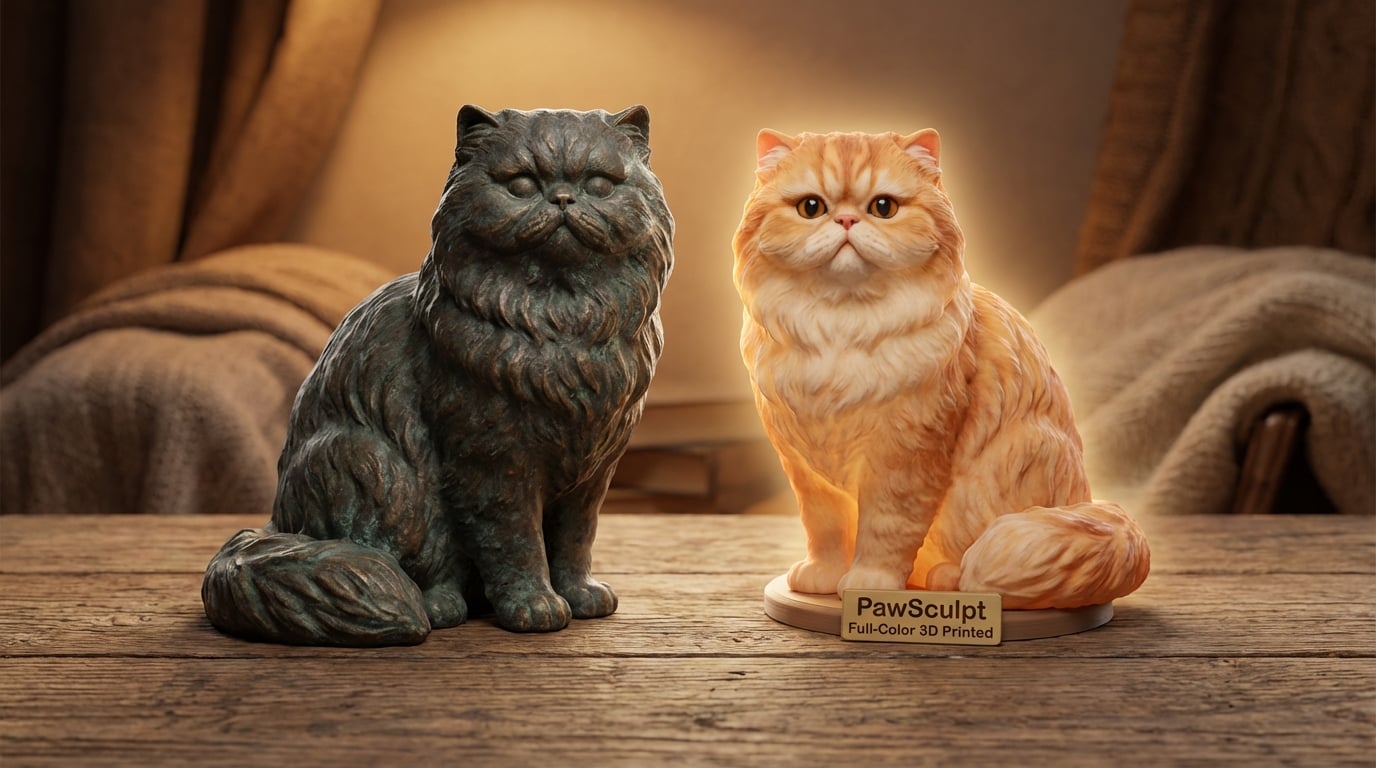 Comparison of bronze statue vs full-color Persian cat figurine