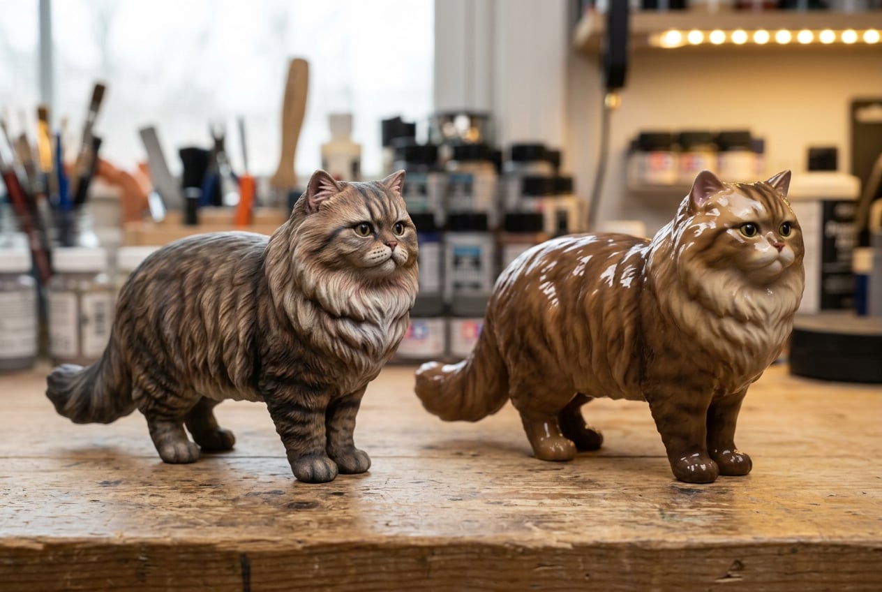 Persian cat figurine in satin resin compared to glossy plastic alternative