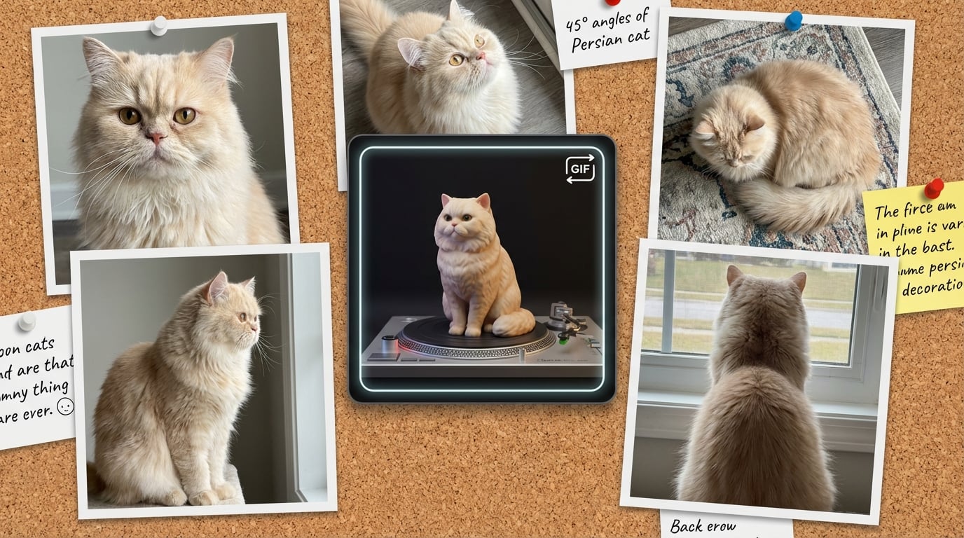 Collage of Persian cat photos surrounding a 3D figurine