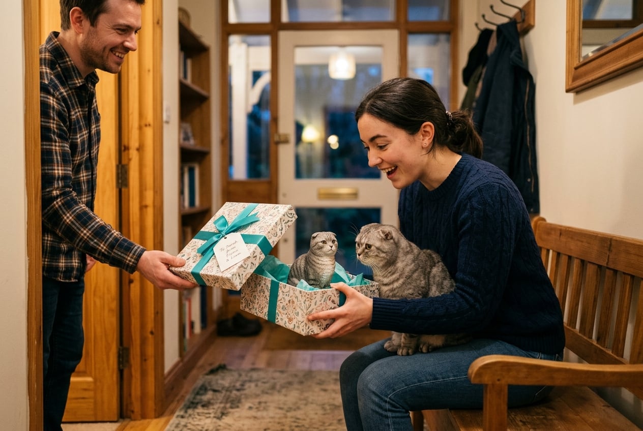Pet sitter receiving a gift box with a full-color 3D printed resin figurine of a Scottish Fold Cat while the real cat watches