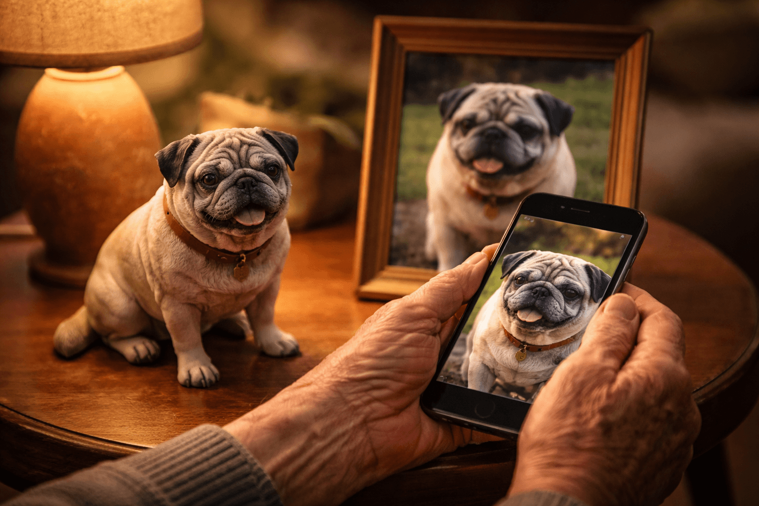 Elderly hands holding a phone photo of a Pug beside a matching Pug resin figurine on a side table