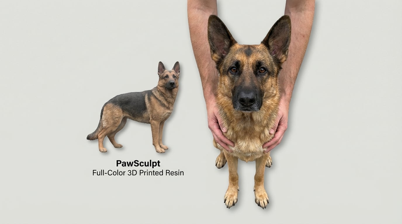 Photo of a German Shepherd next to a 3D figurine
